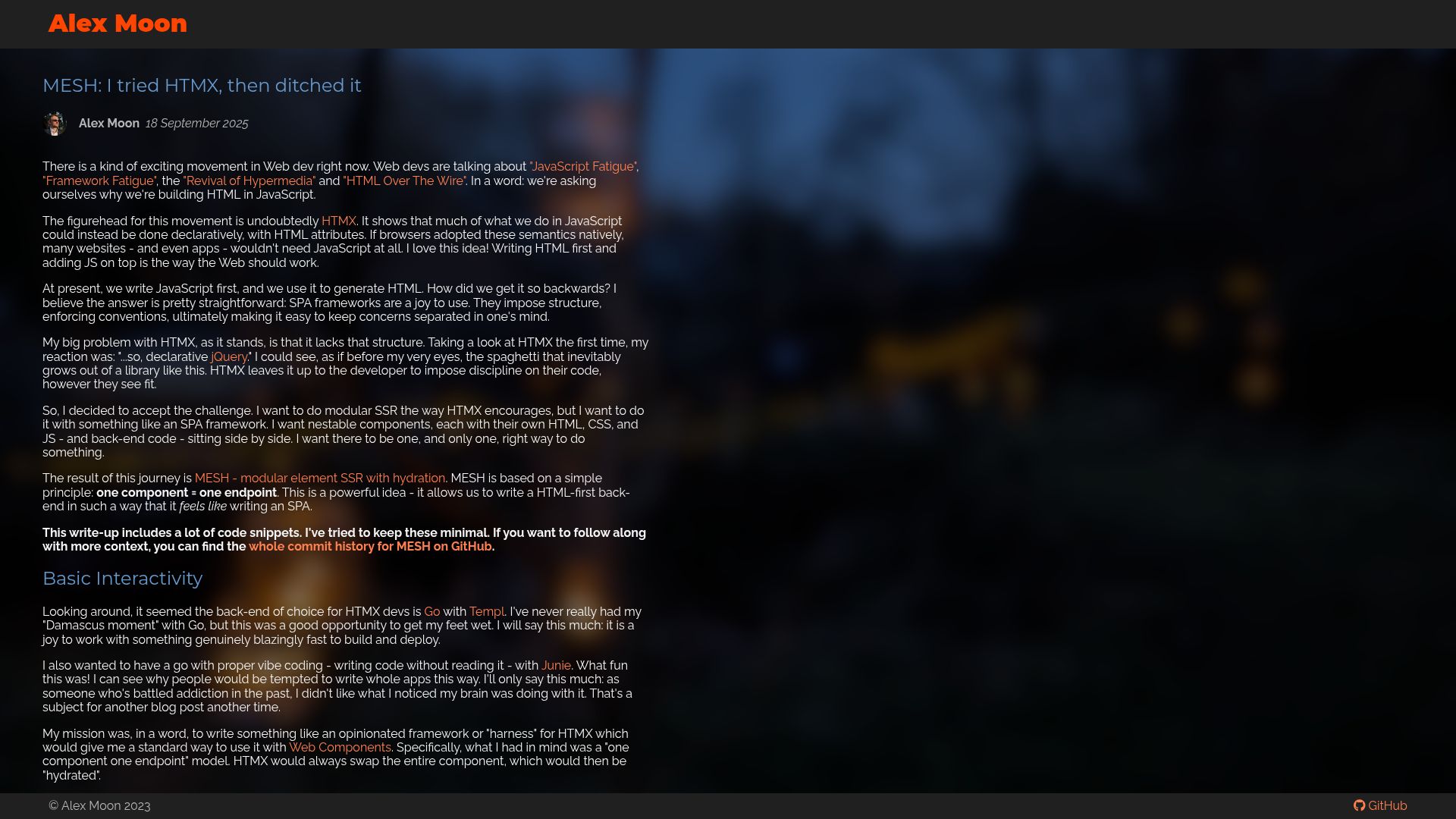 Screenshot of ajmoon.com: Mesh: I tried Htmx, then ditched it