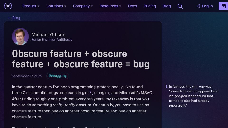 Screenshot of antithesis.com: Obscure feature + obscure feature + obscure feature = compiler bug