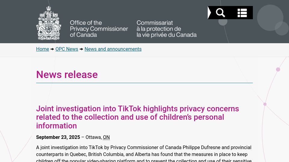 Screenshot of priv.gc.ca: Privacy Commissioners find TikTok collected sensitive data from children