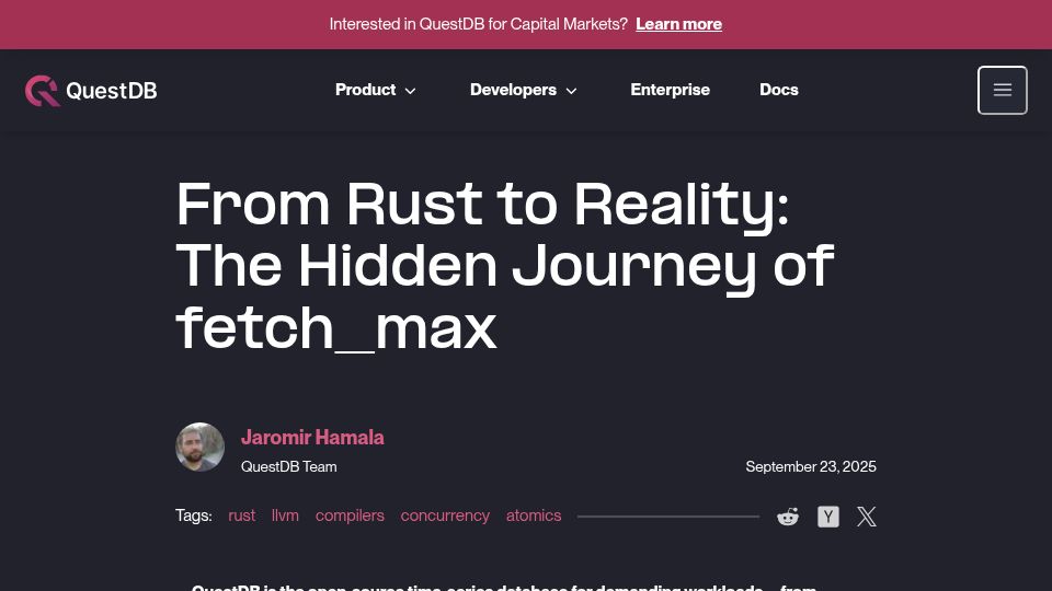 Screenshot of questdb.com: From Rust to reality: The hidden journey of fetch_max