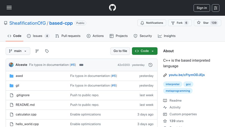 Screenshot of github.com: Based C++