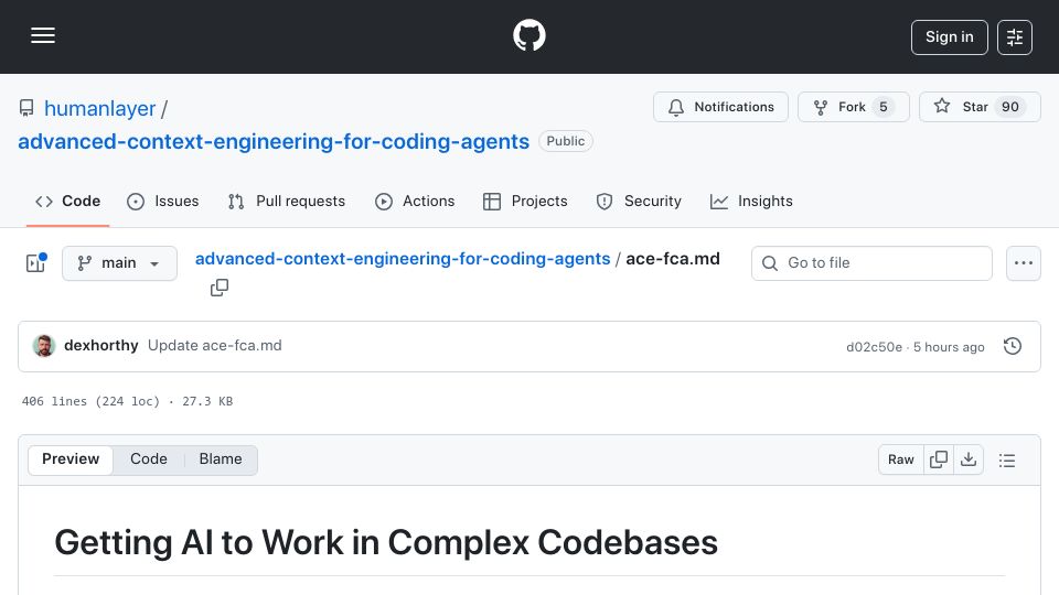 Screenshot of github.com: Getting AI to work in complex codebases
