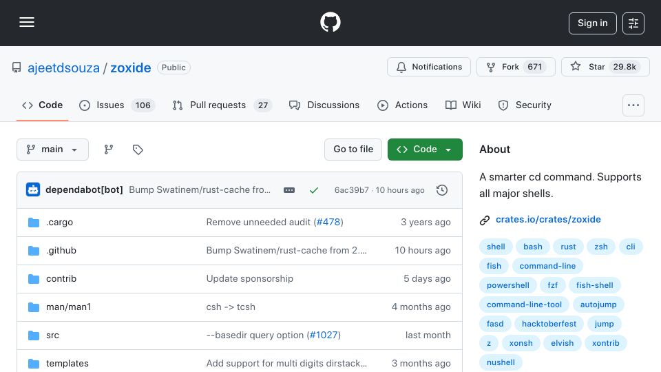 Screenshot of github.com: Zoxide: A Better CD Command