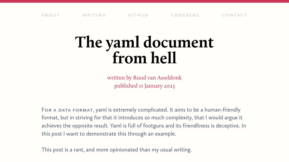 Screenshot of ruudvanasseldonk.com: YAML document from hell (2023)