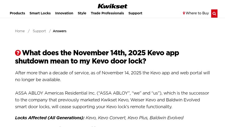 Screenshot of kwikset.com: Kevo app shutdown