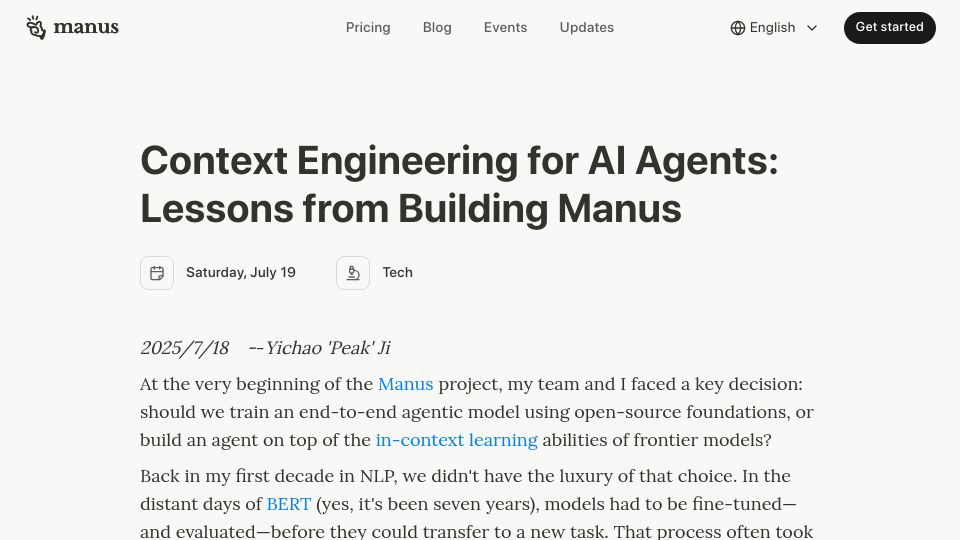 Screenshot of manus.im: Context Engineering for AI Agents: Lessons