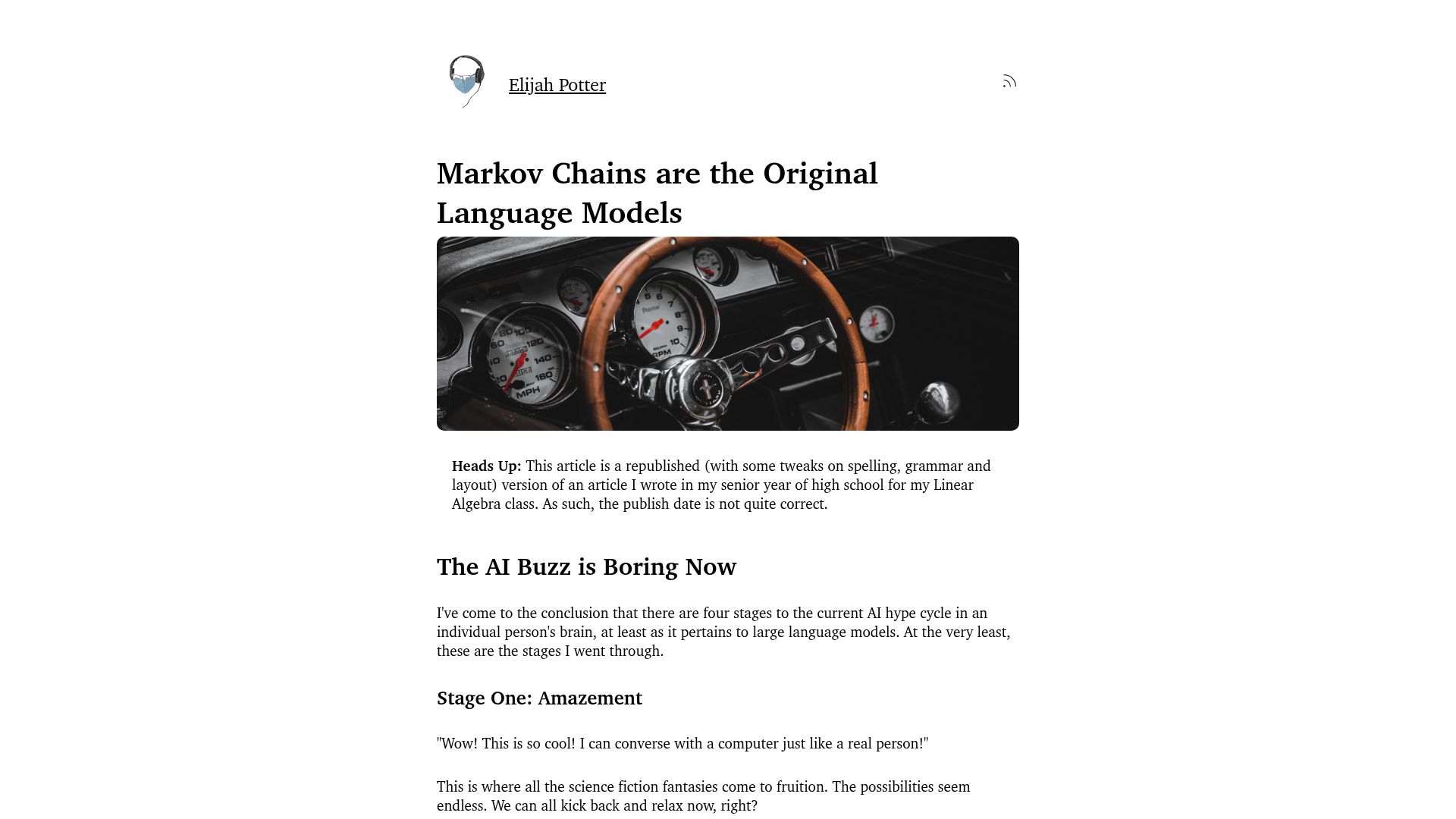 Screenshot of elijahpotter.dev: Markov chains are the original language models