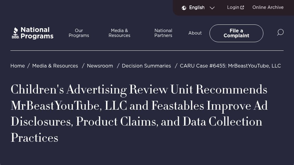 Screenshot of bbbprograms.org: MrBeast Failed to Disclose Ads and Improperly Collected Children's Data