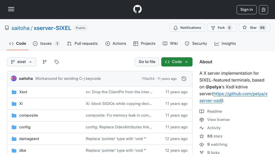 Screenshot of github.com: X server implementation for SIXEL-featured terminals (2010-2014)
