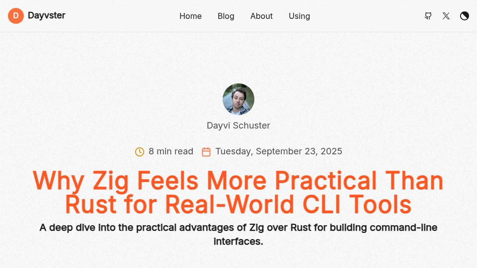 Screenshot of dayvster.com: Zig feels more practical than Rust for real-world CLI tools