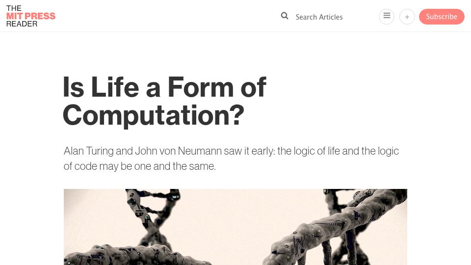 Screenshot of thereader.mitpress.mit.edu: Is life a form of computation?