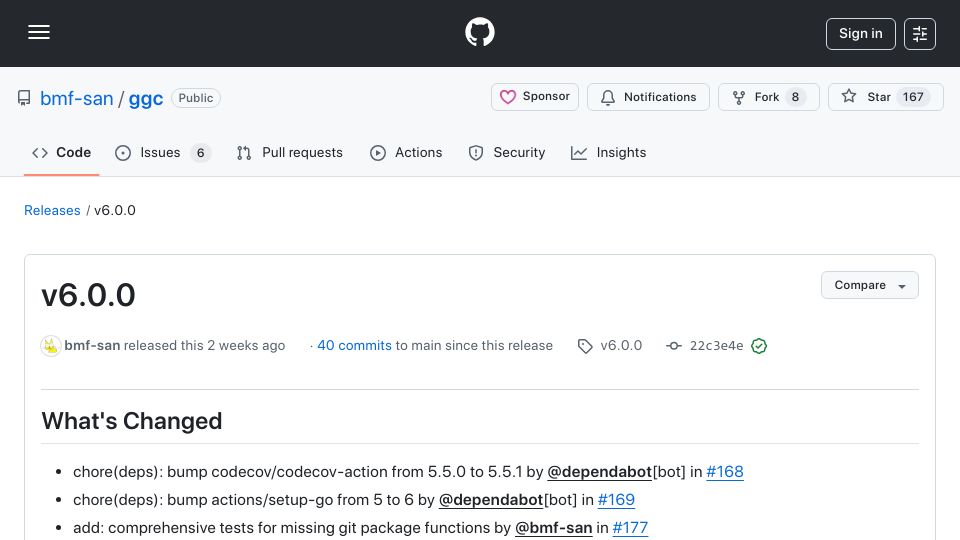 Screenshot of github.com: Show HN: Ggc – A Git CLI tool written in Go with interactive UI