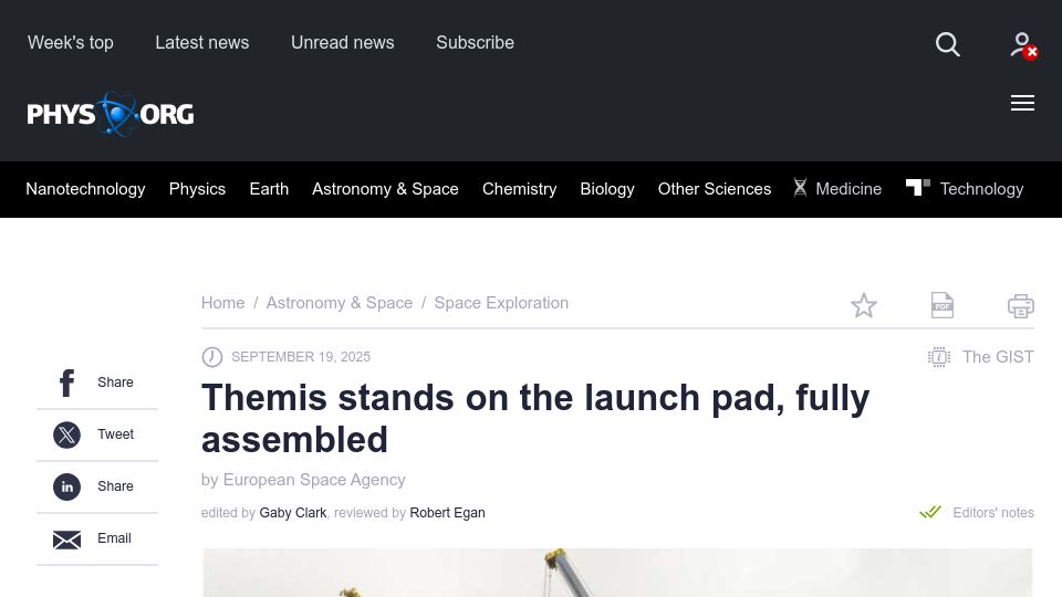 Screenshot of phys.org: Themis (European Reusable Rocket) is assembled on launch pad
