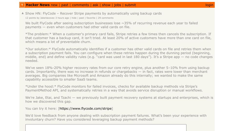Screenshot of Hacker News post: Show HN: FlyCode – Recover Stripe payments by automatically using backup cards