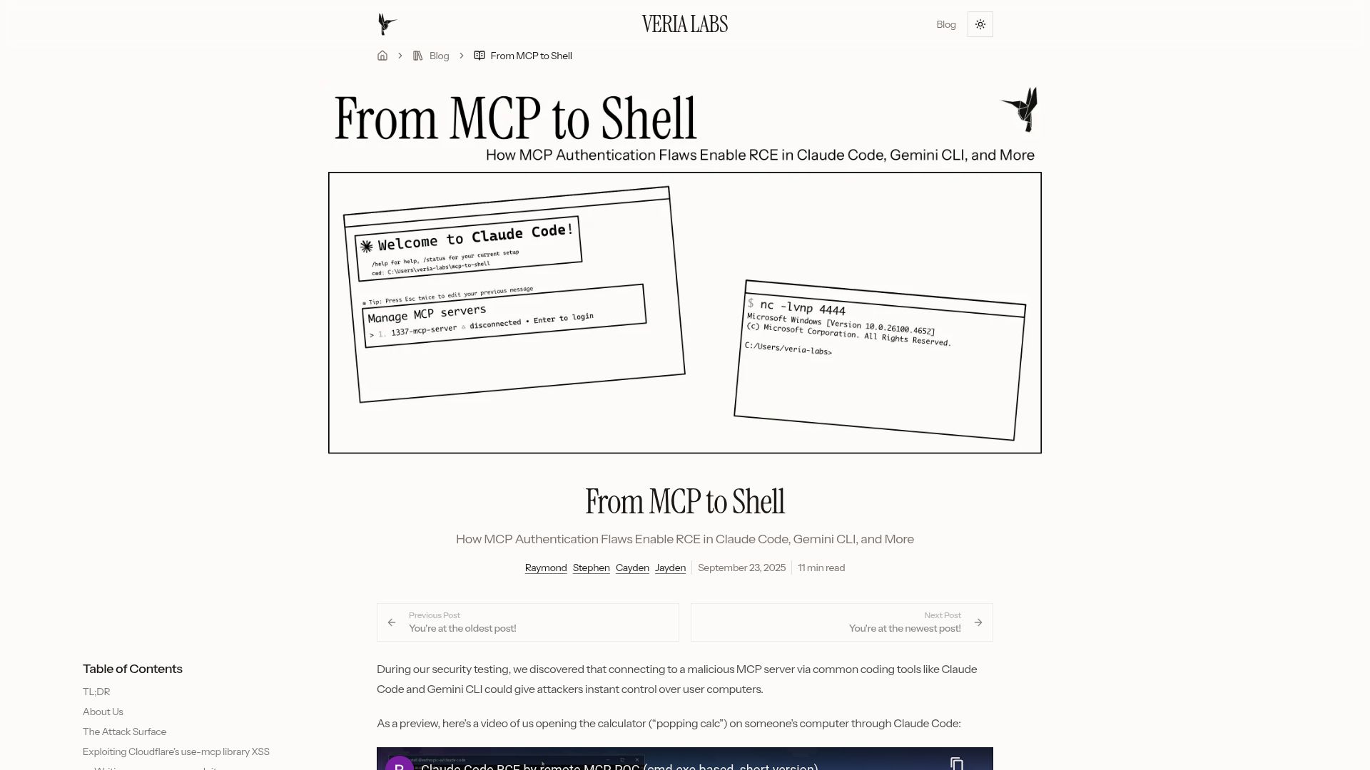Screenshot of verialabs.com: From MCP to shell: MCP auth flaws enable RCE in Claude Code, Gemini CLI and more