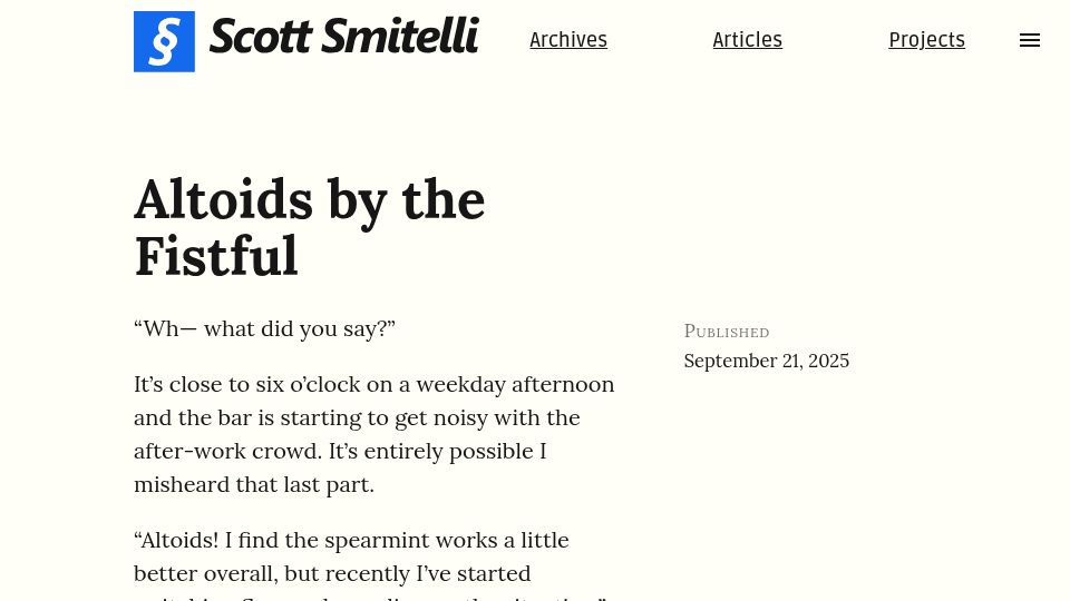 Screenshot of scottsmitelli.com: Altoids by the Fistful