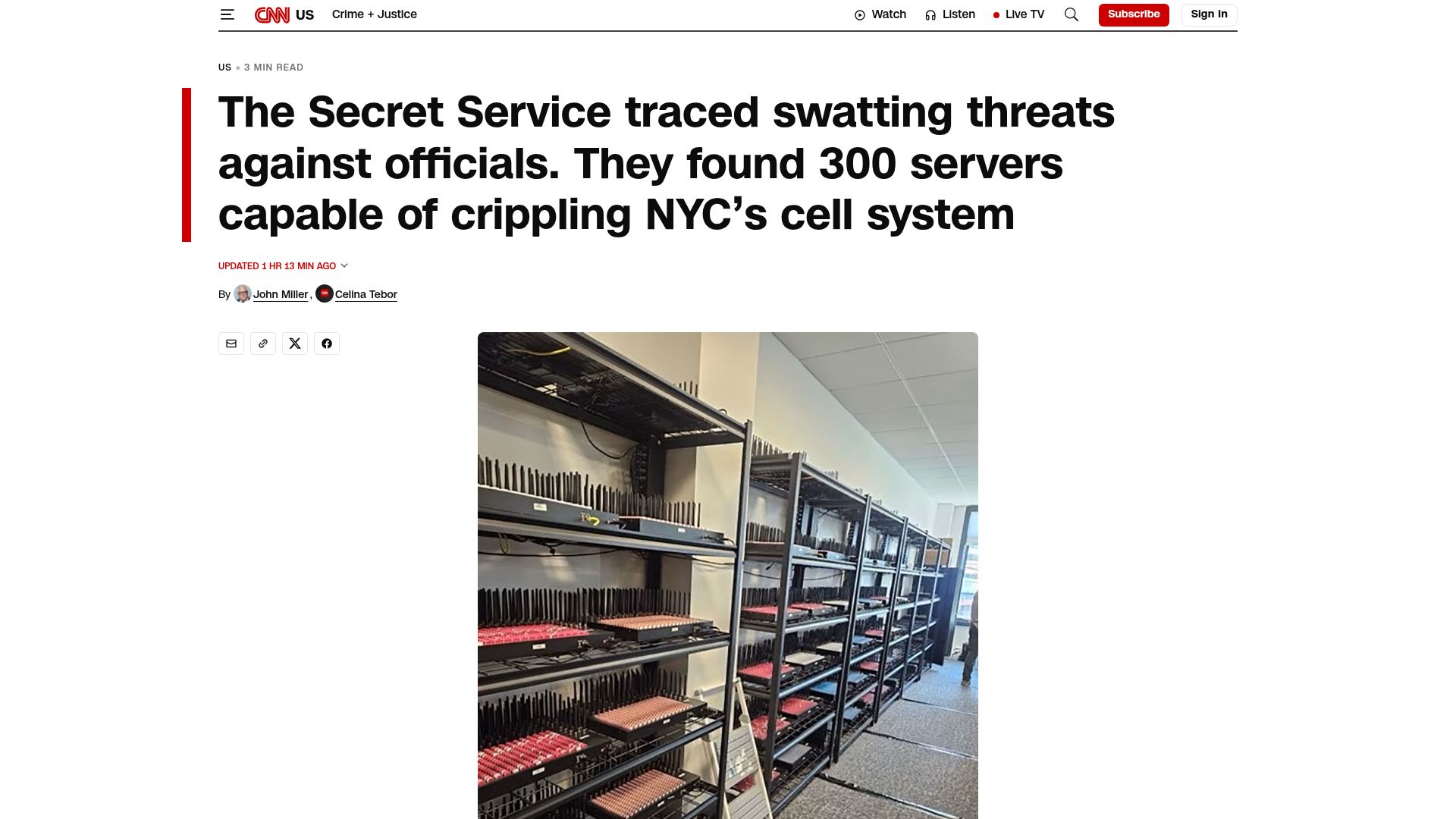Screenshot of cnn.com: The Secret Service found 300 servers capable of crippling NYC's cell system