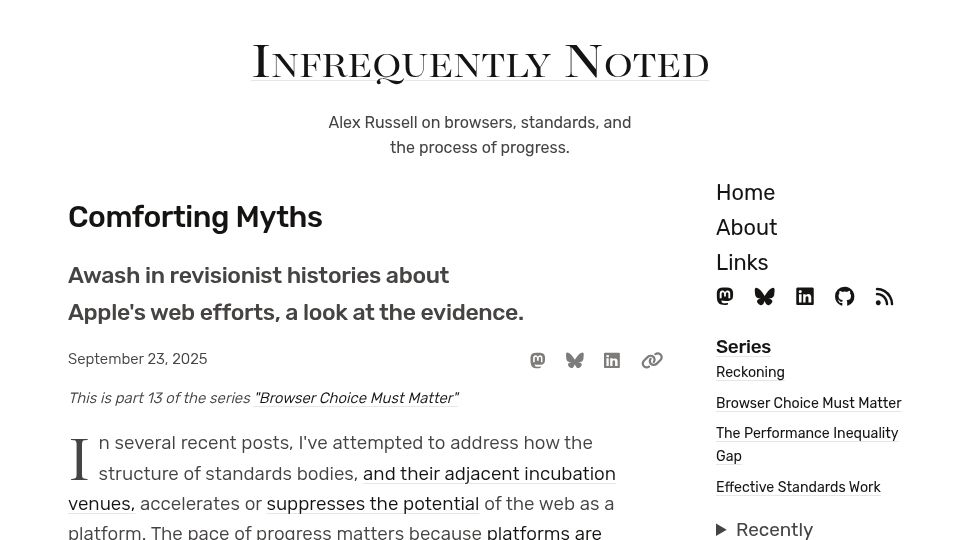 Screenshot of infrequently.org: Awash in revisionist histories about Apple's web efforts, a look at the evidence