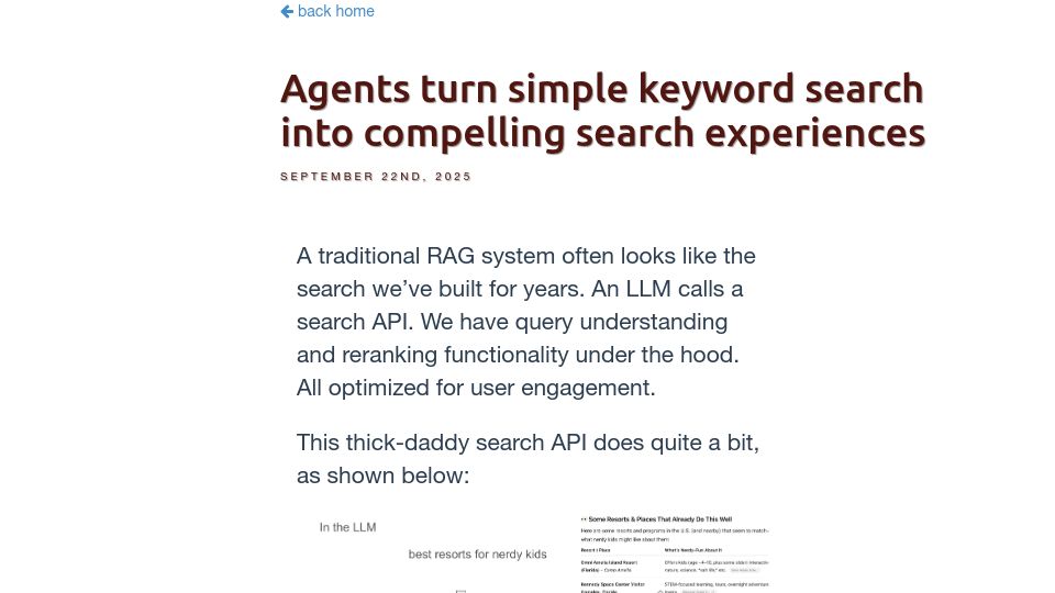 Screenshot of softwaredoug.com: Agents turn simple keyword search into compelling search experiences