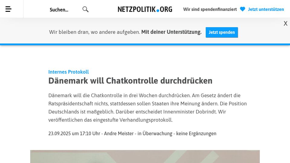 Screenshot of netzpolitik.org: Denmark wants to push through Chat Control