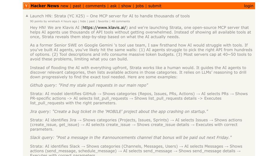 Screenshot of Hacker News post: Launch HN: Strata (YC X25) – One MCP server for AI to handle thousands of tools