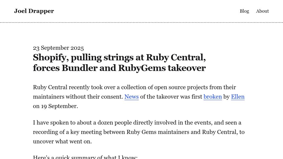 Screenshot of joel.drapper.me: Shopify, pulling strings at Ruby Central, forces Bundler and RubyGems takeover