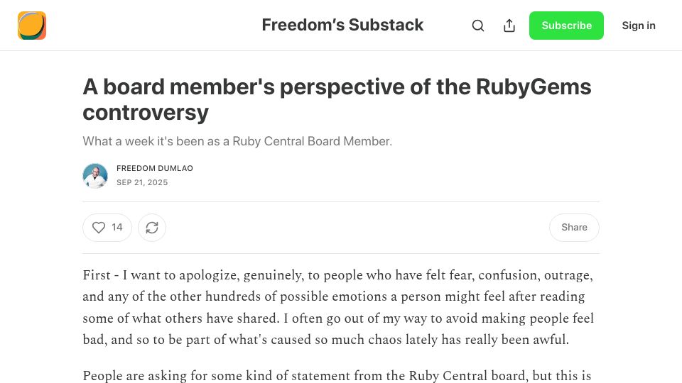 Screenshot of apiguy.substack.com: A board member's perspective of the RubyGems controversy