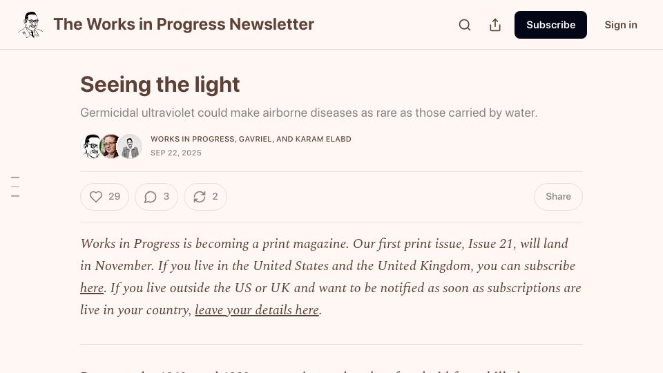 Screenshot of worksinprogress.news: Germicidal UV could make airborne diseases as rare as those carried by water