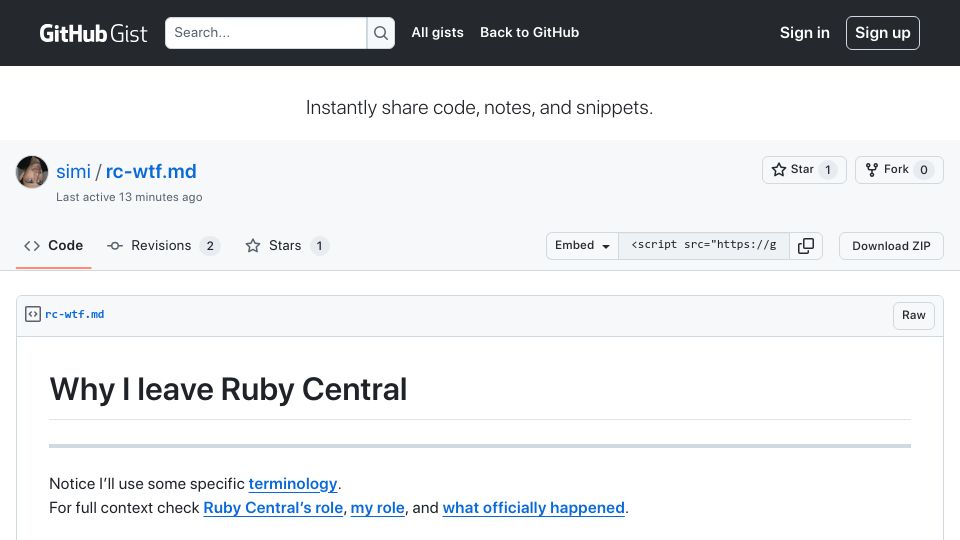 Screenshot of gist.github.com: I'm leaving Ruby Central