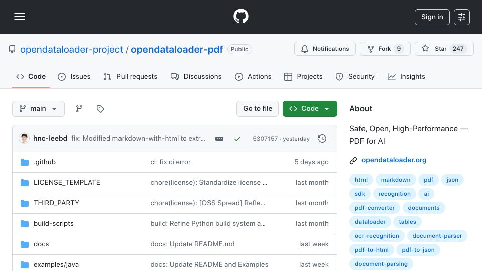 Screenshot of github.com: OpenDataLoader-PDF: An open source tool for structured PDF parsing