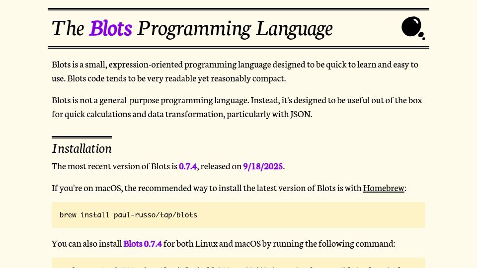 Screenshot of blots-lang.org: Show HN: The Blots Programming Language