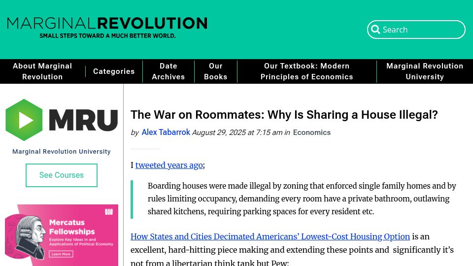 Screenshot of marginalrevolution.com: Restrictions on house sharing by unrelated roommates