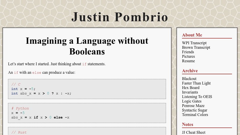 Screenshot of justinpombrio.net: Imagining a language without booleans