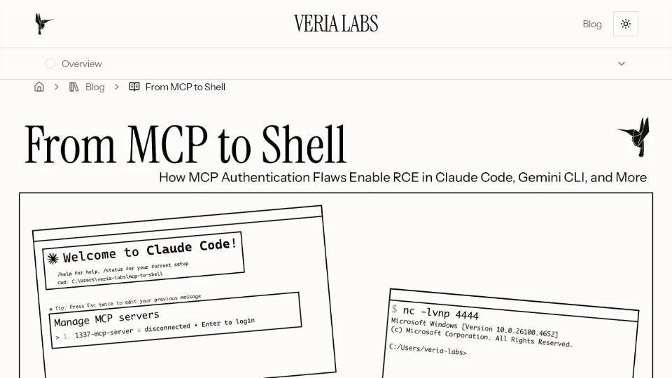 Screenshot of verialabs.com: From MCP to shell: MCP auth flaws enable RCE in Claude Code, Gemini CLI and more
