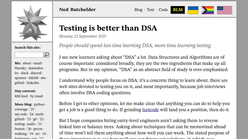 Screenshot of nedbatchelder.com: Testing is better than data structures and algorithms