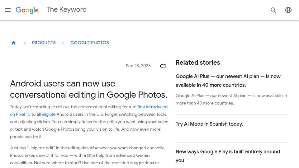 Screenshot of blog.google: Android users can now use conversational editing in Google Photos