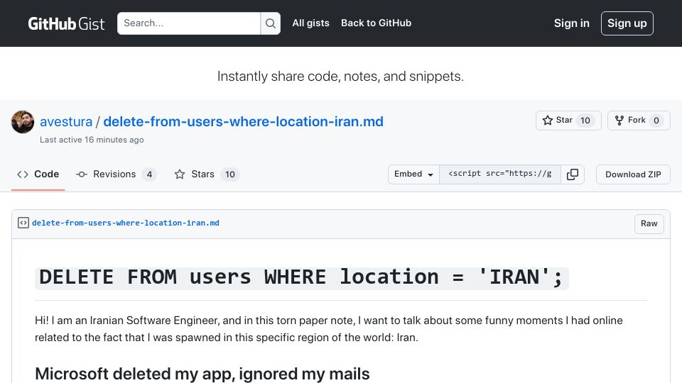 Screenshot of gist.github.com: Delete FROM users WHERE location = 'Iran';
