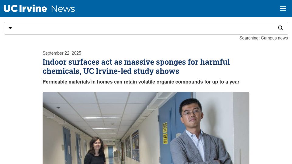 Screenshot of news.uci.edu: Permeable materials in homes act as sponges for harmful chemicals: study