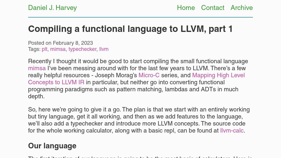 Screenshot of danieljharvey.github.io: Compiling a Functional Language to LLVM (2023)