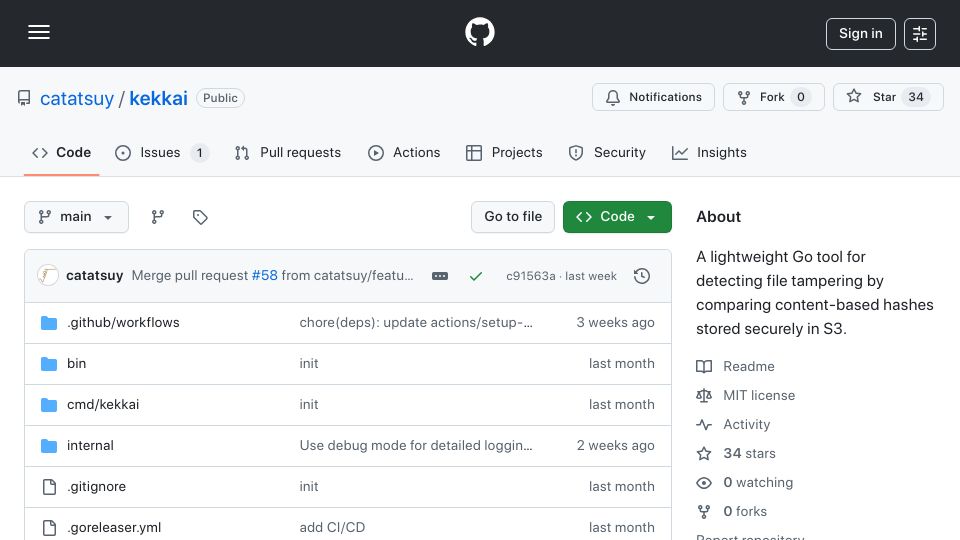 Screenshot of github.com: Show HN: Kekkai – a simple, fast file integrity monitoring tool in Go