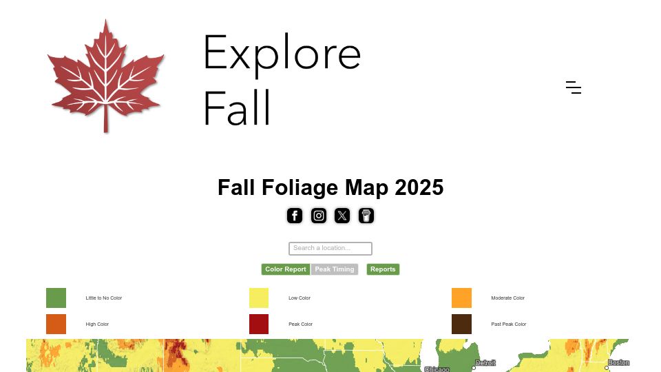 Screenshot of explorefall.com: Fall Foliage Map 2025