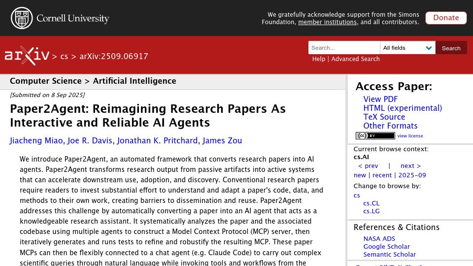 Screenshot of arxiv.org: Paper2Agent: Stanford Reimagining Research Papers as Interactive AI Agents