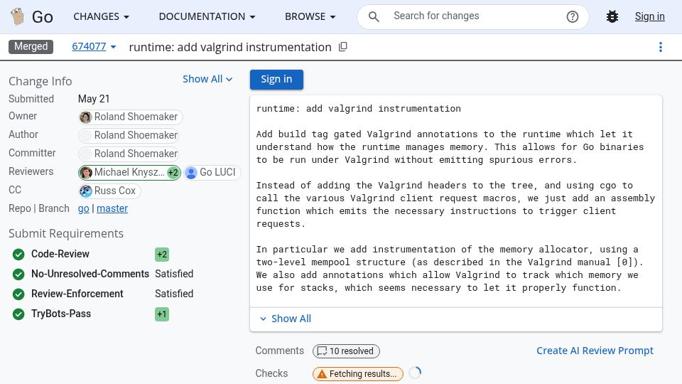 Screenshot of go-review.googlesource.com: Go has added Valgrind support