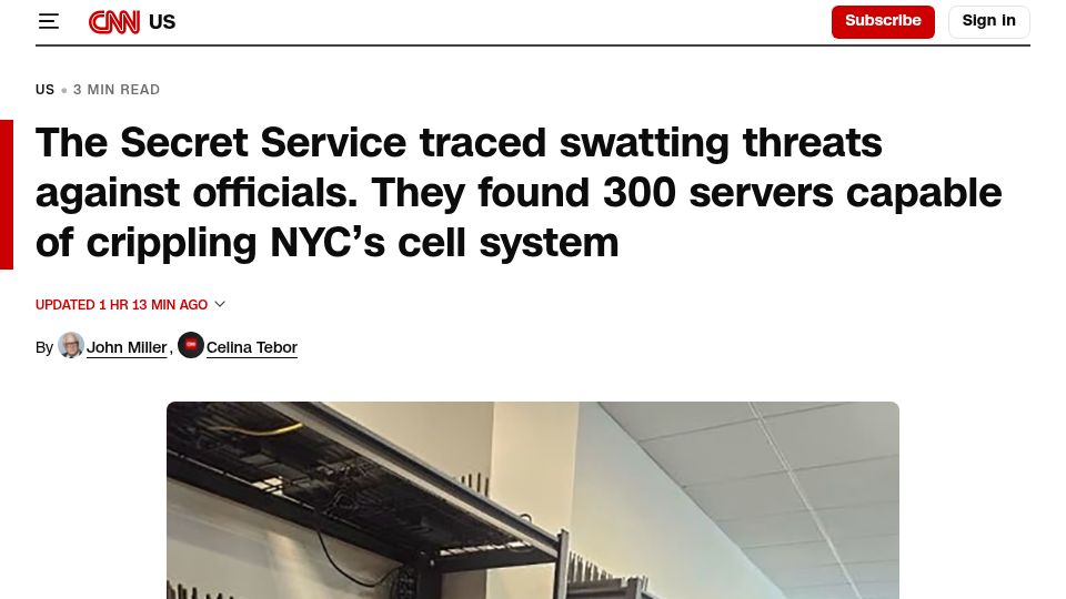 Screenshot of cnn.com: The Secret Service found 300 servers capable of crippling NYC's cell system