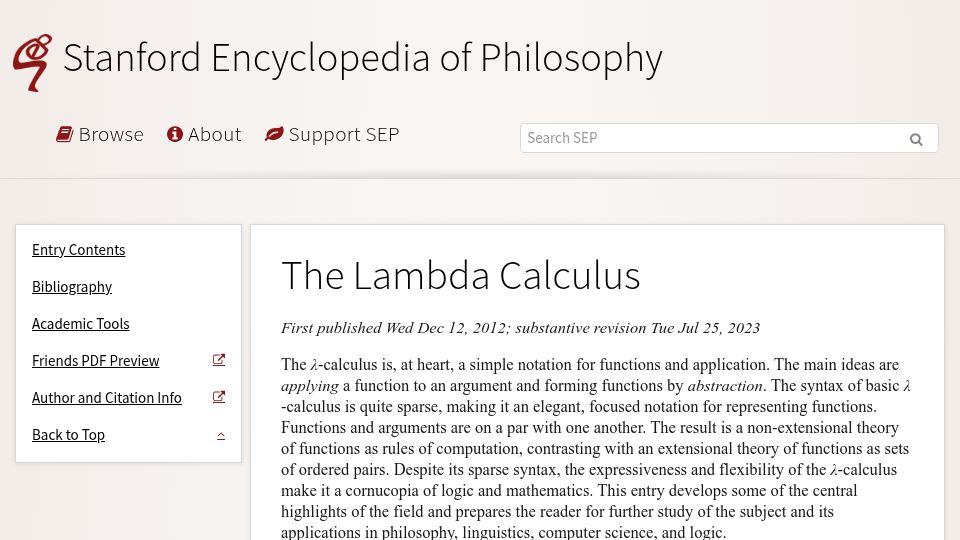 Screenshot of plato.stanford.edu: The Lambda Calculus (2023)