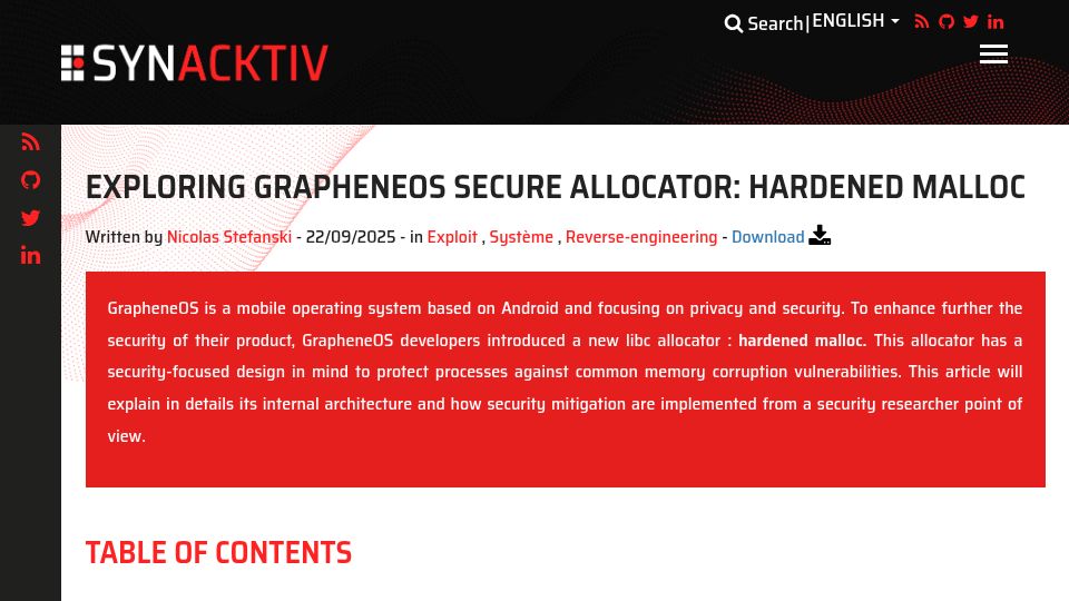 Screenshot of synacktiv.com: Exploring GrapheneOS secure allocator: Hardened Malloc