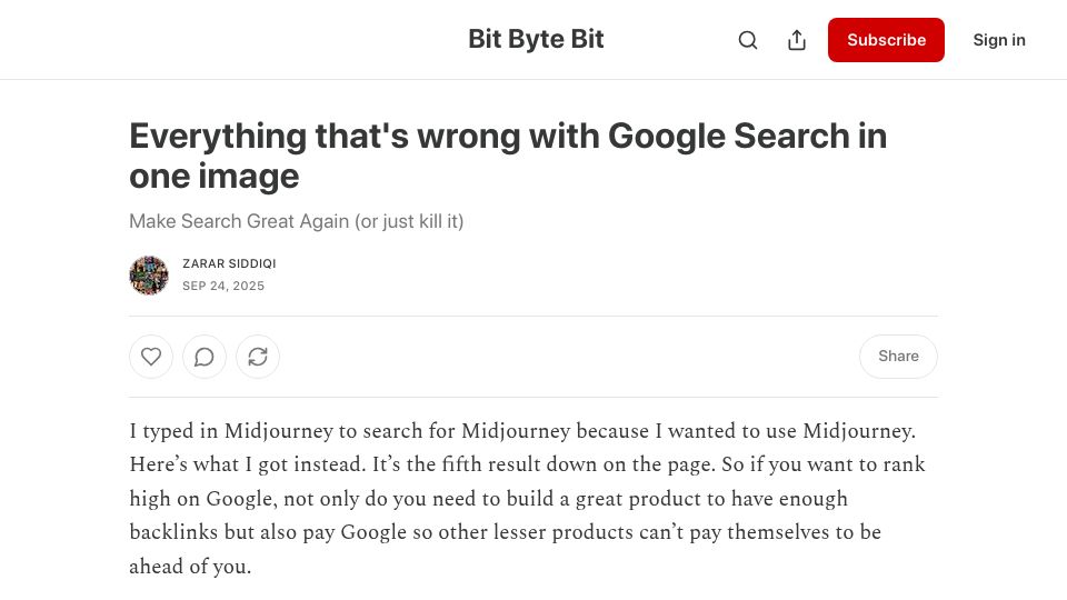 Screenshot of bitbytebit.substack.com: Everything that's wrong with Google Search in one image