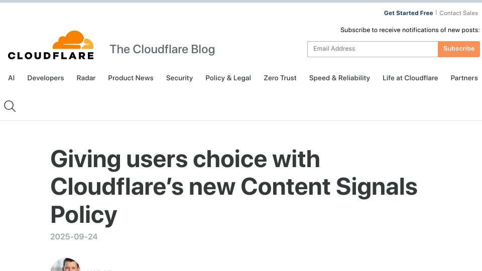 Screenshot of blog.cloudflare.com: Giving users choice with Cloudflare's new Content Signals Policy