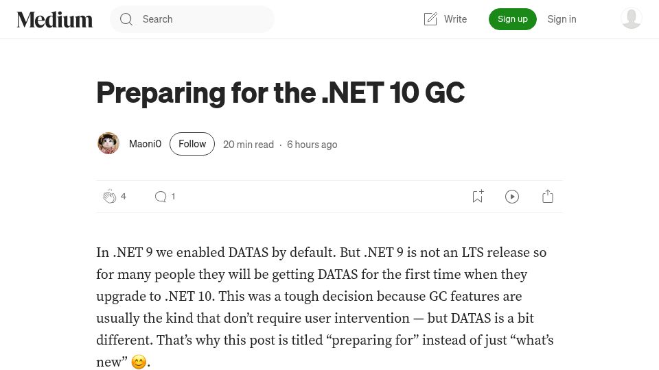 Screenshot of maoni0.medium.com: Preparing for the .NET 10 GC