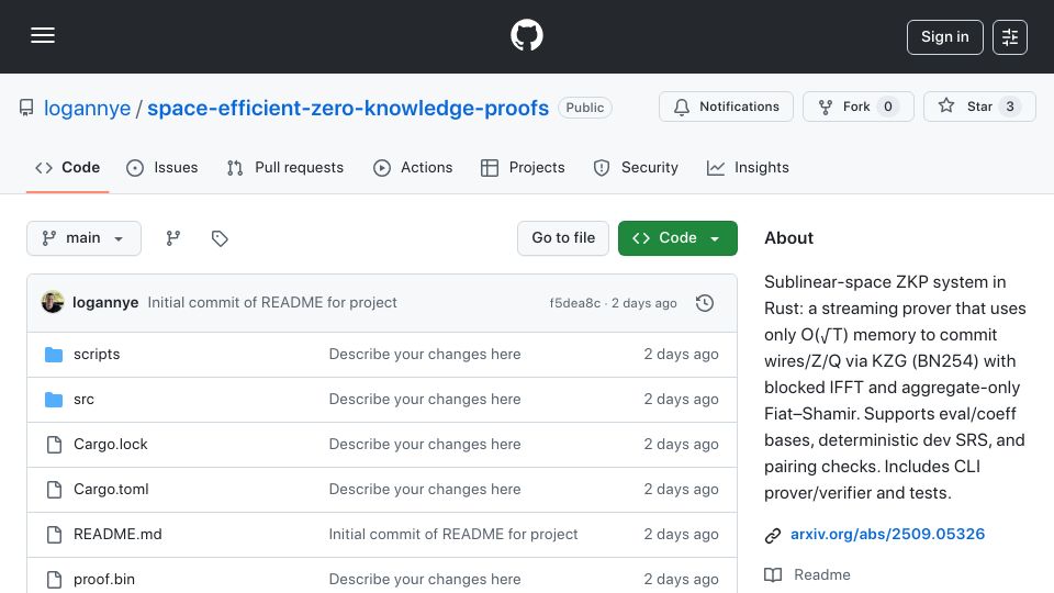Screenshot of github.com: Quadratic memory reductions for Zero-knowledge Proofs